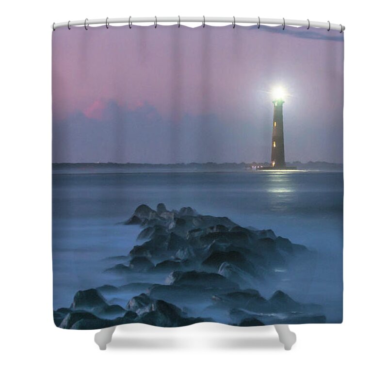Full Moon Shower Curtain featuring the photograph Moon Light over Morris Island Lighthouse by Dale Powell
