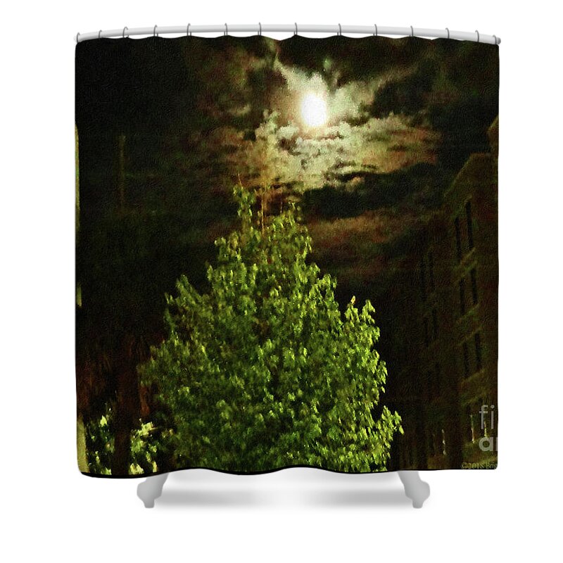American South Shower Curtain featuring the photograph Moon on Fire over Downtown Savannah by Aberjhani