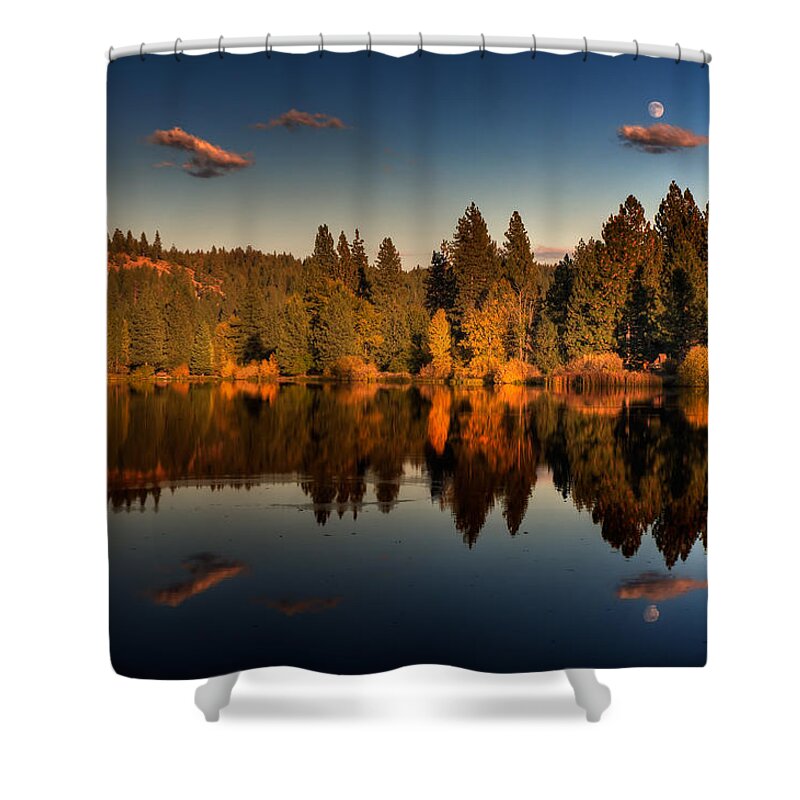 Graeagle Shower Curtain featuring the photograph Moon over Mill Pond by Mick Burkey