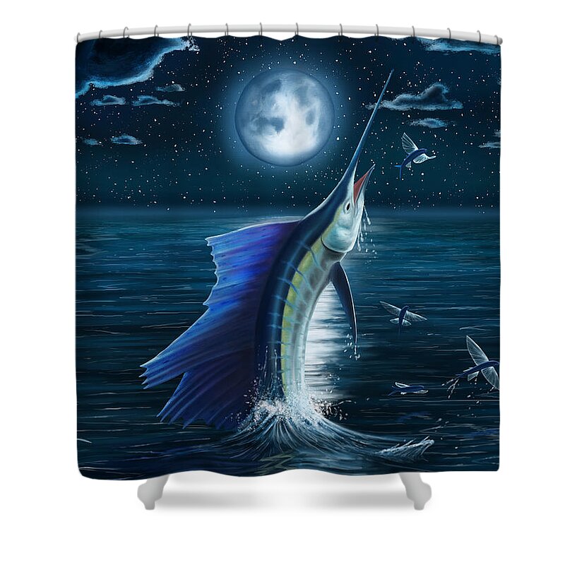 Sailfish Shower Curtain featuring the digital art Moonlight Dinner by Kevin Putman