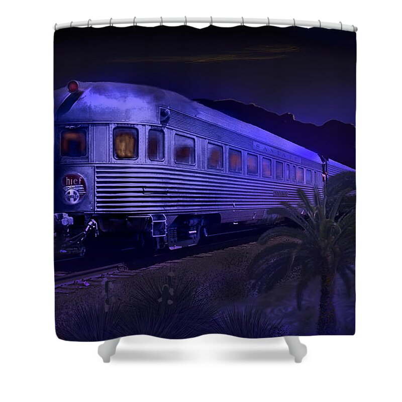 Trains Shower Curtain featuring the digital art Moonlight on the Sante Fe Chief by J Griff Griffin