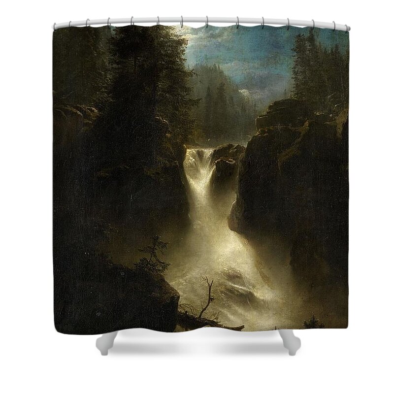 Oswald Achenbach Shower Curtain featuring the painting Moonlit Alpine Landscape by Oswald Achenbach