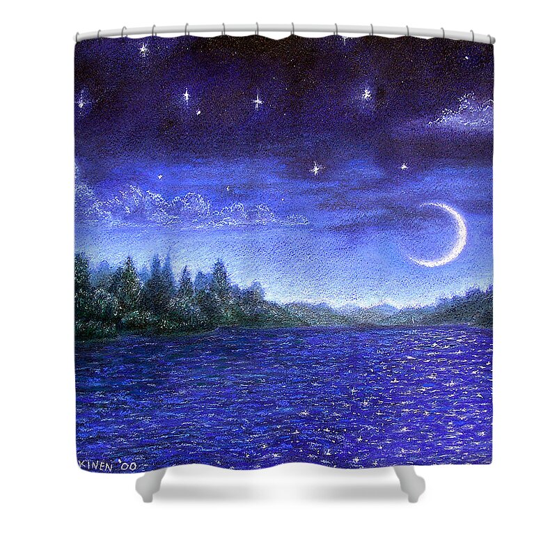Moonlit Shower Curtain featuring the pastel Moonlit Lake by Michael Heikkinen