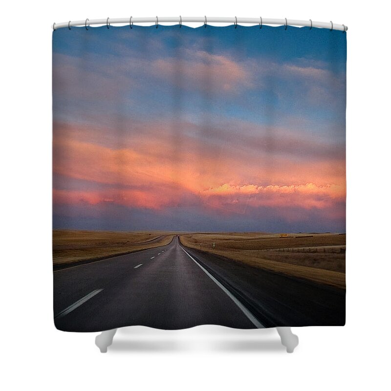 Atmosphere Shower Curtain featuring the photograph Moonrise and Sunset on I-90 by Rikk Flohr