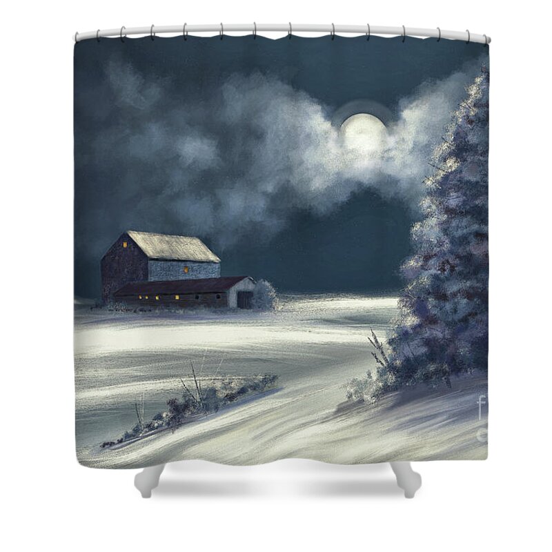 Moon Shower Curtain featuring the digital art Moonshine On The Snow by Lois Bryan