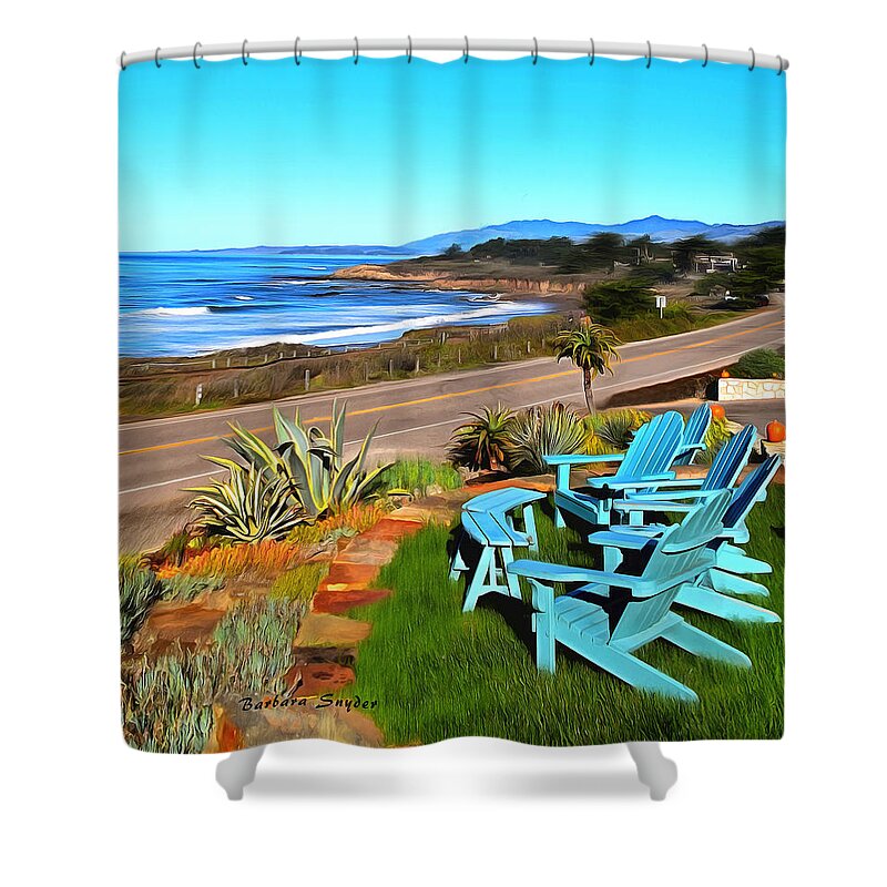 Moonstone Beach Seat With A View Shower Curtain featuring the photograph Moonstone Beach Seat With a View Digital Painting by Barbara Snyder