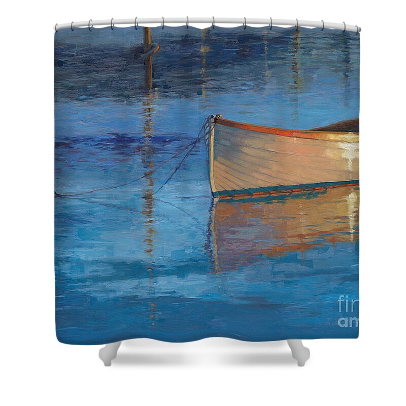 Boat Shower Curtain featuring the painting Moored in Light-SOLD by Nancy Parsons