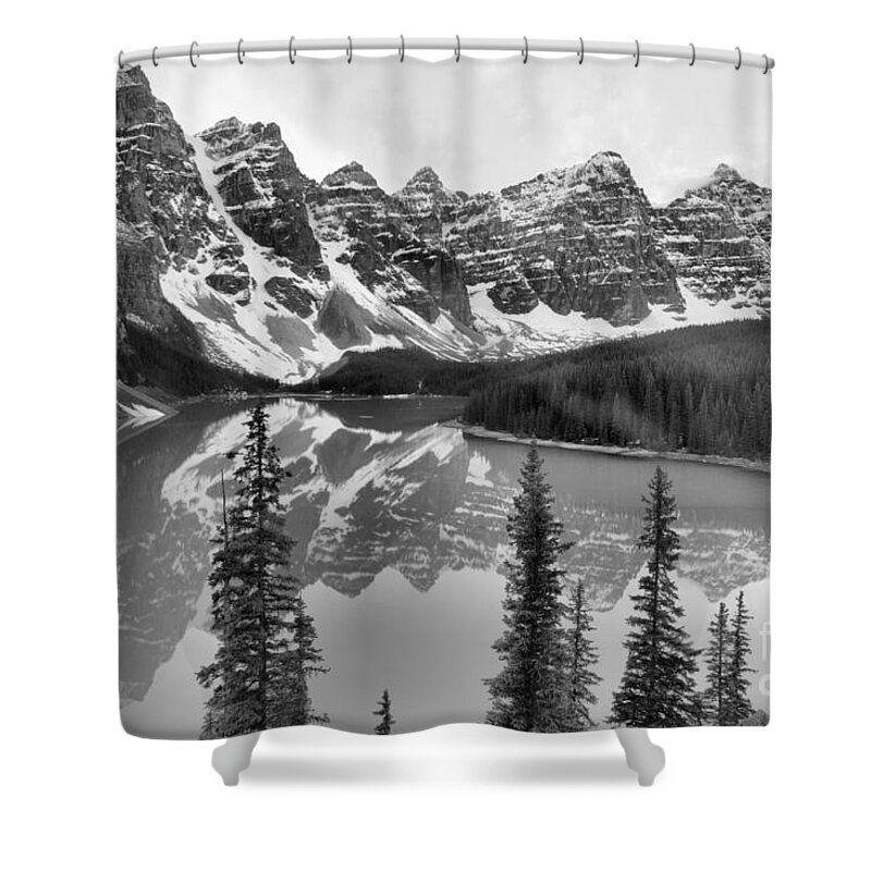 Moraine Lake Shower Curtain featuring the photograph Moraine Lake Emerald Water Reflections Black And White by Adam Jewell