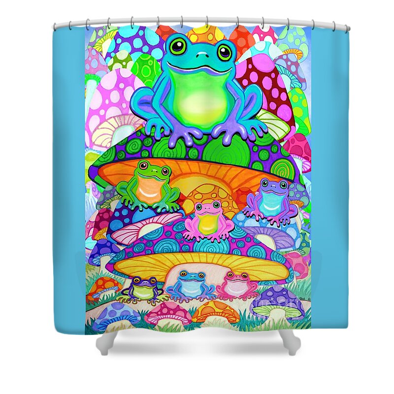 Frog Art Shower Curtain featuring the painting More Colorful Frogs on Colorful Magic Mushrooms by Nick Gustafson