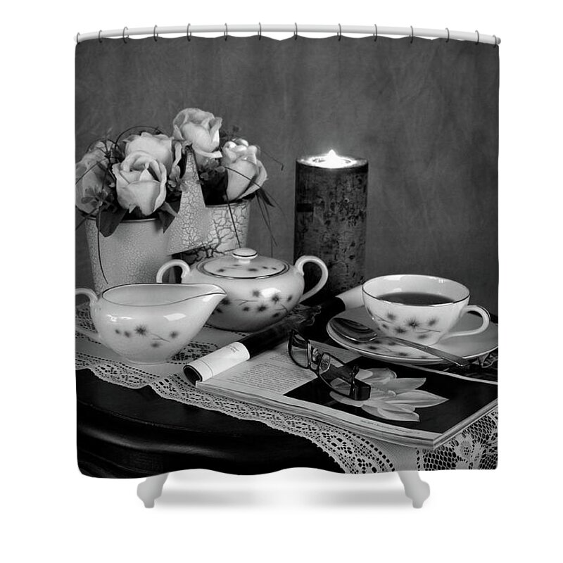 Morning Shower Curtain featuring the photograph Morning Coffee and Reading Magazine Time by Sherry Hallemeier