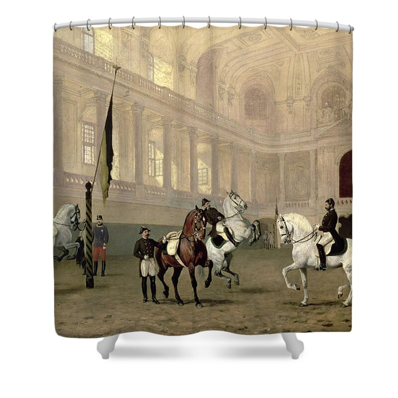 Morning Shower Curtain featuring the painting Morning Exercise in the Hofreitschule by Julius von Blaas