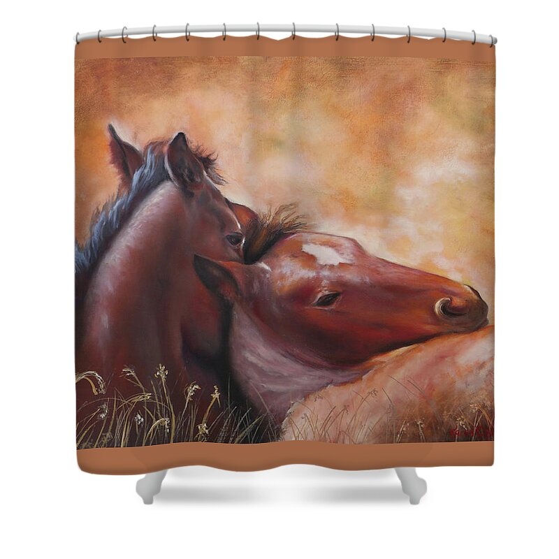 Southwestern Equine Art Shower Curtain featuring the painting Morning Foals by Karen Kennedy Chatham