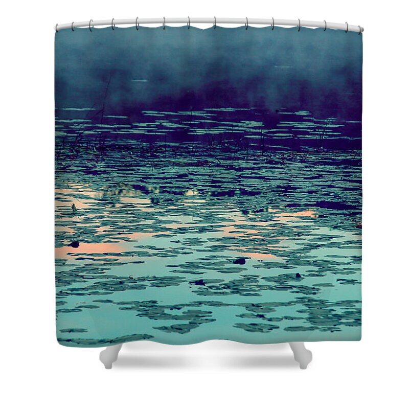 Morning Fog In The Lily Patch In Blues Shower Curtain featuring the photograph Morning Fog in the Lily Patch in Blues by Bonnie Follett