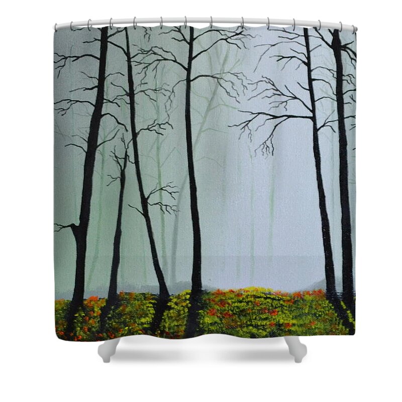 This Is A Landscape Painting Of A Foggy Wooded Area. The Light Is Coming Through A Foggy Area Of The Background. I Used A Light Colored Back Ground To Give The Painting Depth And Contrast. The Trees Don't Have Leaves And Are Casting A Shadow On The Forest Floor. The Ground Is Covered With Fresh Flowers And Green Grass. This Is An Affordable Oil Painting And Would Look Great In Any Room. Shower Curtain featuring the painting Morning Fog by Martin Schmidt