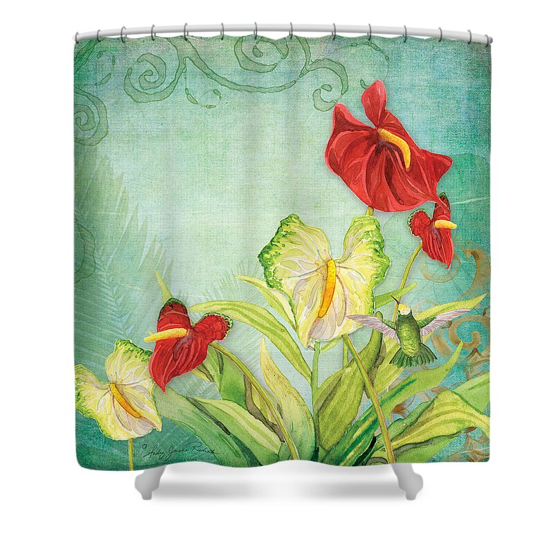 Anthurium Shower Curtain featuring the painting Morning Light - Mist rising by Audrey Jeanne Roberts