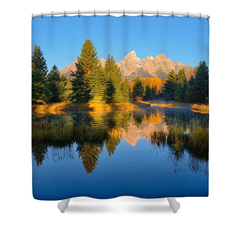 Tetons Shower Curtain featuring the photograph Morning Mirror at Schwabacher Landing by Greg Norrell