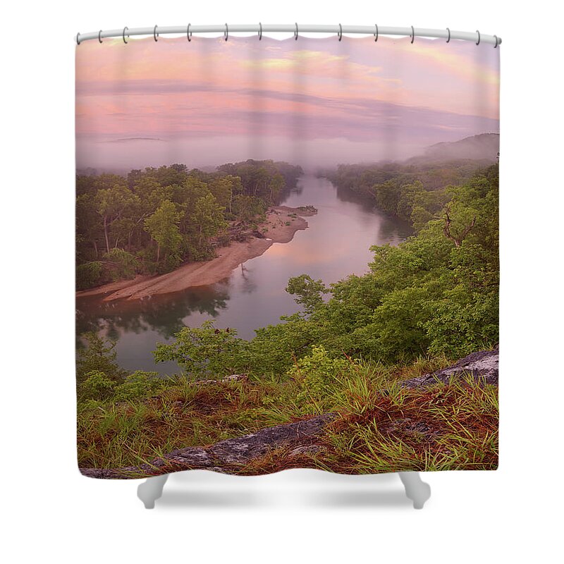 River Shower Curtain featuring the photograph Morning Mist at Owl's Bend by Robert Charity