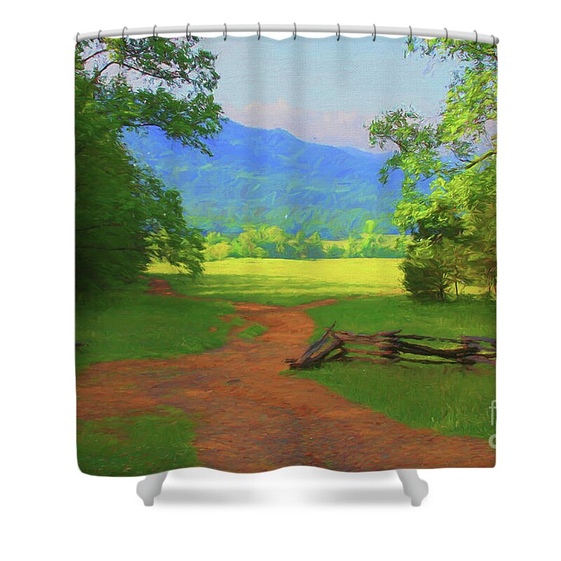 Cades Cove Shower Curtain featuring the digital art Morning View by Geraldine DeBoer