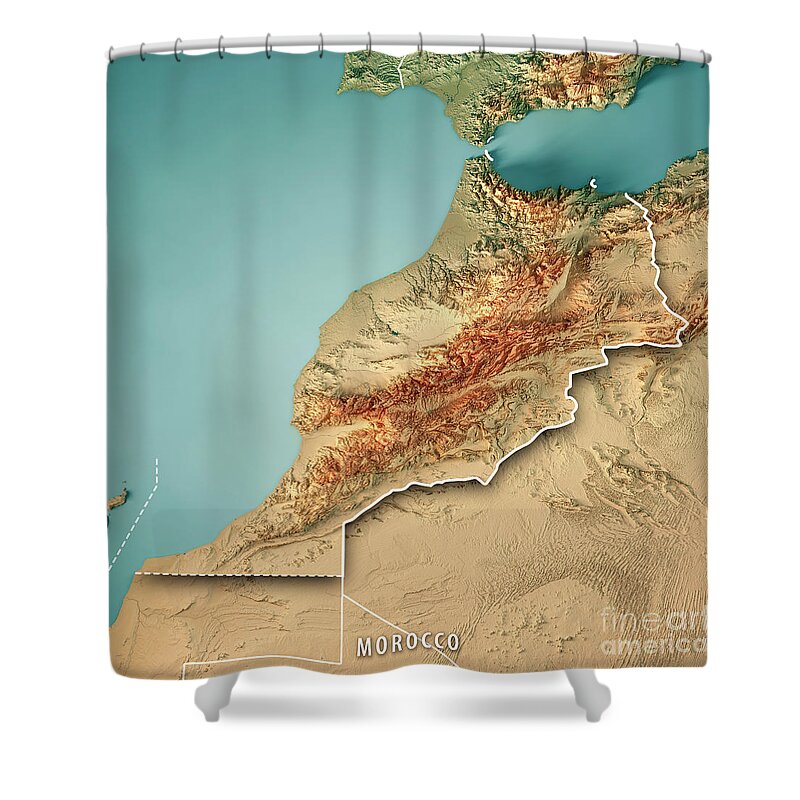 Morocco Shower Curtain featuring the digital art Morocco 3D Render Topographic Map Border by Frank Ramspott