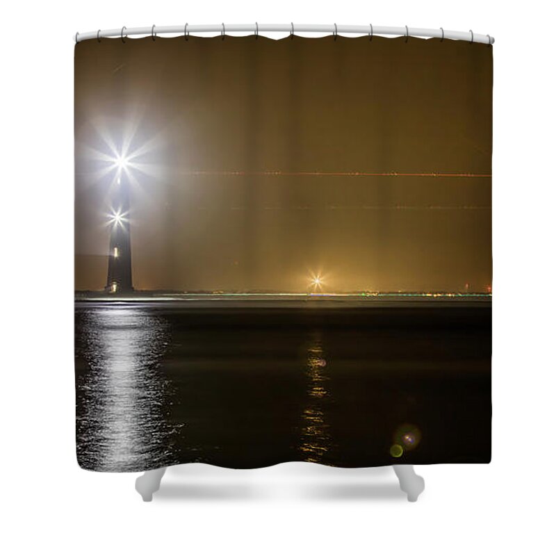 Morris Island Light House 140 Year Anniversary Lighting Shower Curtain featuring the photograph Morris Island Light House 140 Year Anniversary Lighting by Dustin K Ryan