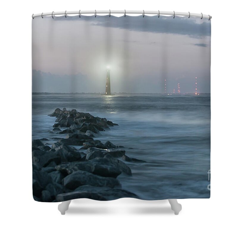 Morris Island Lighthouse Shower Curtain featuring the photograph Morris Island Lighthouse Anniversary Lighting in Charleston by Dale Powell