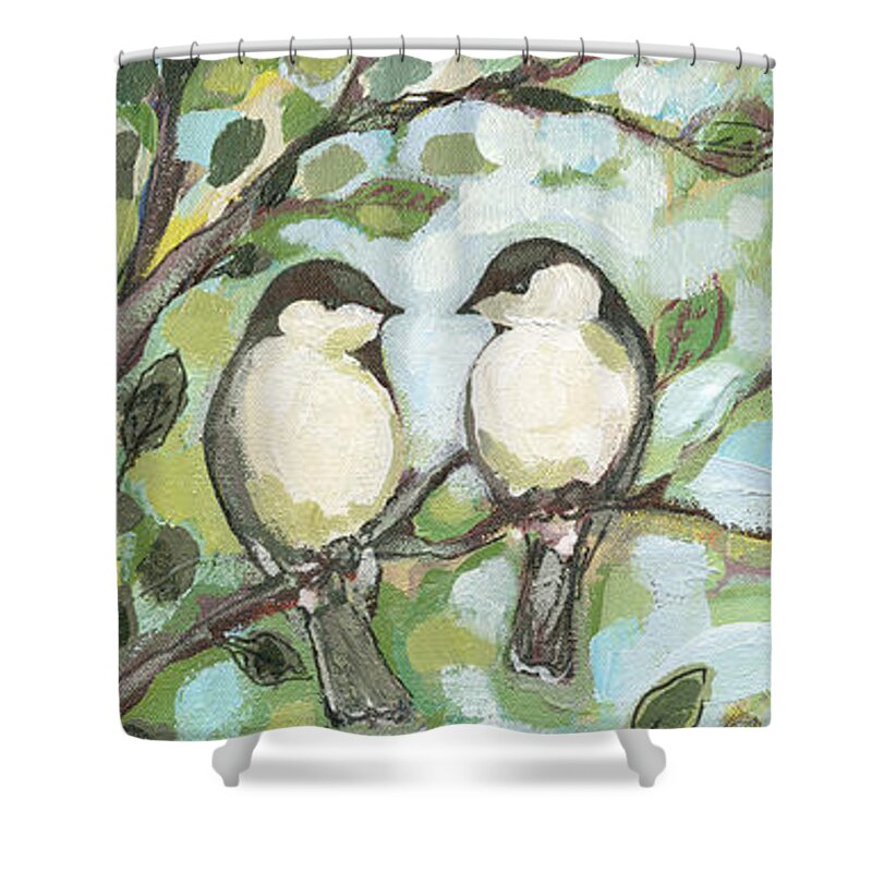 Chickadee Shower Curtain featuring the painting Mo's Chickadees by Jennifer Lommers