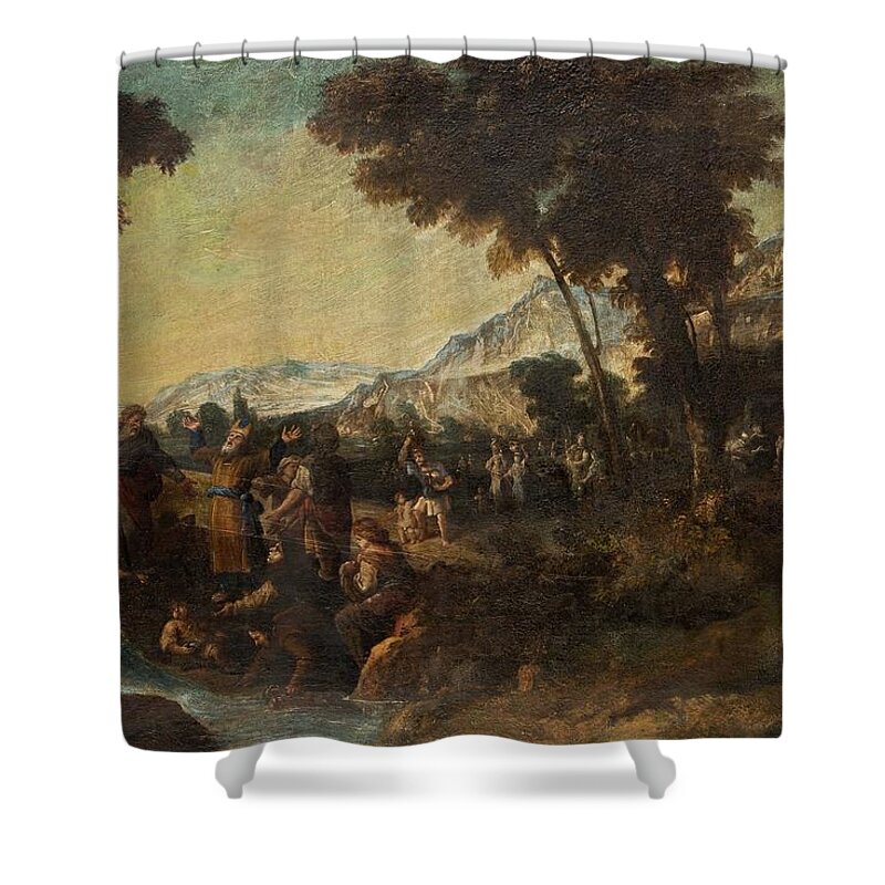 Moses Strykning The Rock Shower Curtain featuring the painting Moses Strykning The Rock by MotionAge Designs