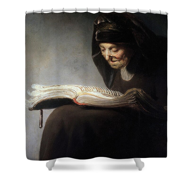 Rembrandt's Mother Reading By After Rembrandt Shower Curtain featuring the painting Mother Reading by Rembrandt