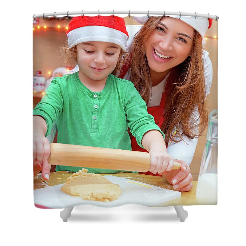 Baby Shower Curtain featuring the photograph Mother with son doing Christmas cookies by Anna Om