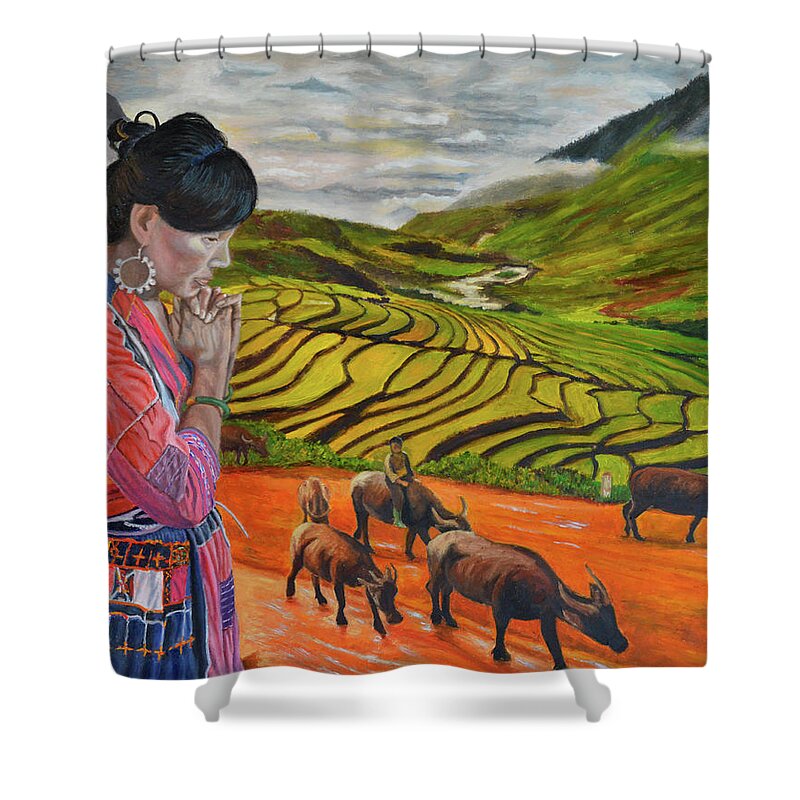 Hmong Woman Shower Curtain featuring the painting Mother's Land by Thu Nguyen