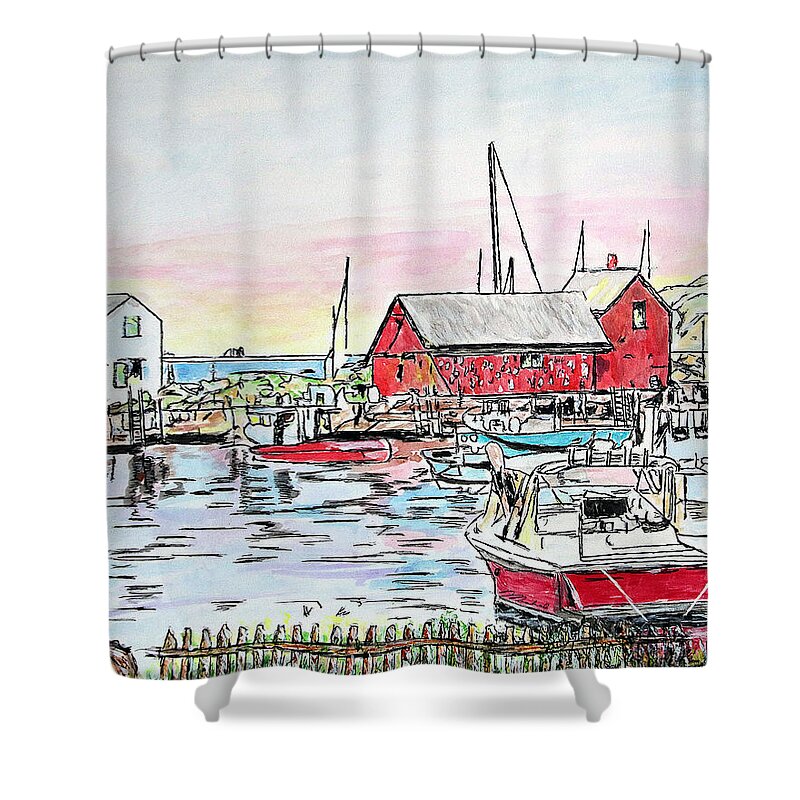 Pen Shower Curtain featuring the drawing Motif #1 Rockport, Massachusetts by Michele A Loftus