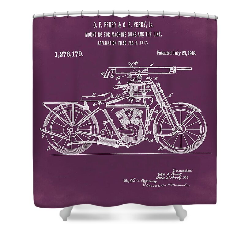 Motorcycle Shower Curtain featuring the digital art Motorcycle Machine Gun Patent 1918 in Red by Bill Cannon