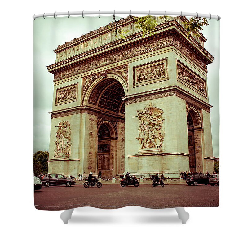 Arc De Triomphe Shower Curtain featuring the photograph Motorcycles and The Arc de Triomphe by Marina McLain