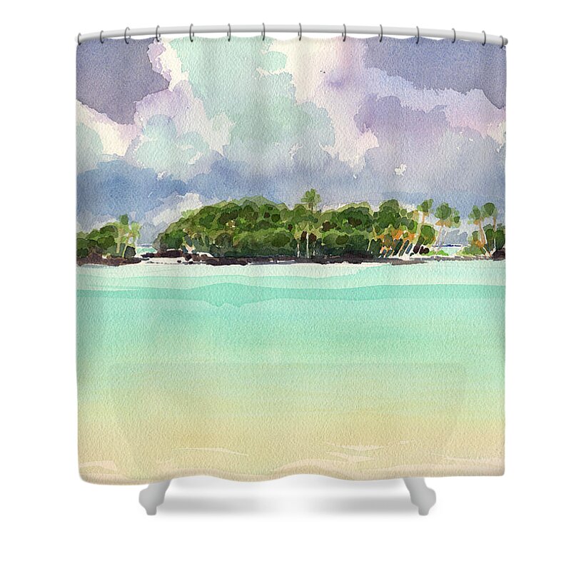 Landscape Shower Curtain featuring the painting Motu Rapota, Aitutaki, Cook Islands, South Pacific by Judith Kunzle