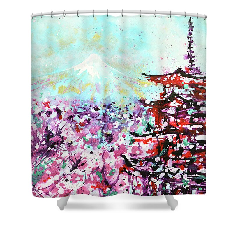 Fuji Shower Curtain featuring the painting Mount Fuji and the Chureito Pagoda in Spring by Zaira Dzhaubaeva