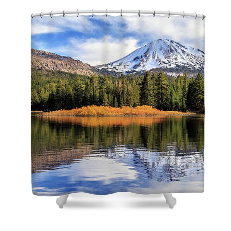 Mount Lassen Shower Curtain featuring the photograph Mount Lassen Reflections Panorama by James Eddy