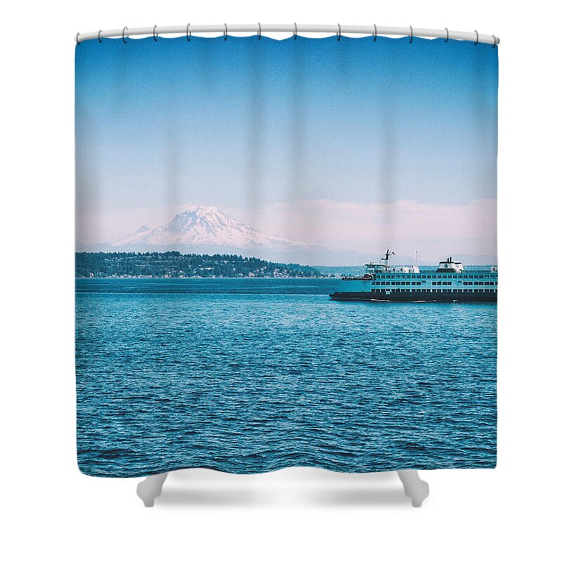 Mount Rainier Shower Curtain featuring the photograph Mount Rainier and Ferry Boat by Tanya Harrison