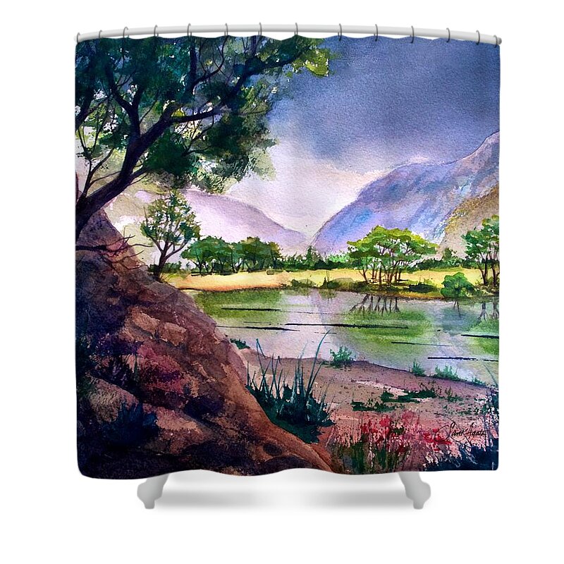 Mountains Shower Curtain featuring the painting Mountain Lake Memories by Frank SantAgata