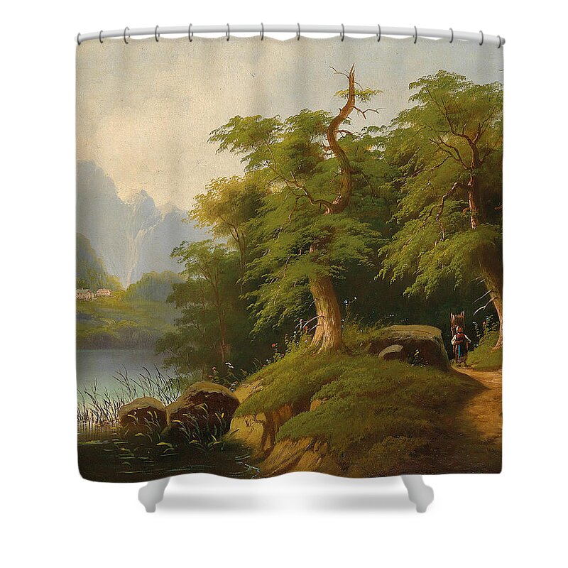 Eduard Boehm Shower Curtain featuring the painting Mountain Lake with decorative figures by Eduard Boehm