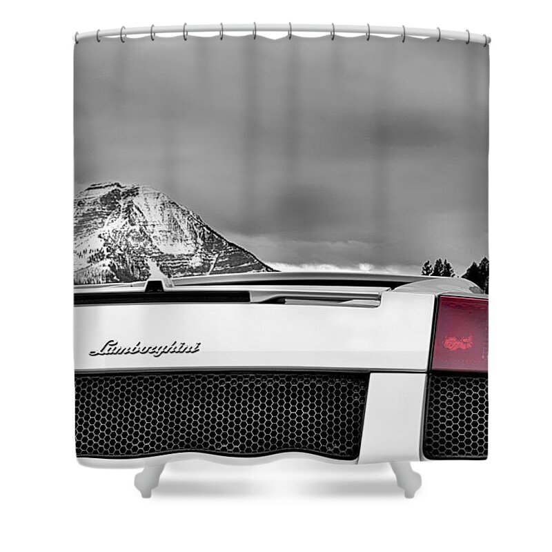 Mountain Lamborghini Shower Curtain featuring the photograph Mountain Lamborghini, White, Christmas Gift for Husband, Lambo, by David Millenheft