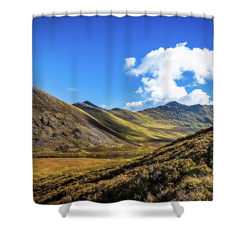 Beenkeragh Shower Curtain featuring the photograph Mountain range and valleys in Kerry in Ireland on a sunny day wi by Semmick Photo