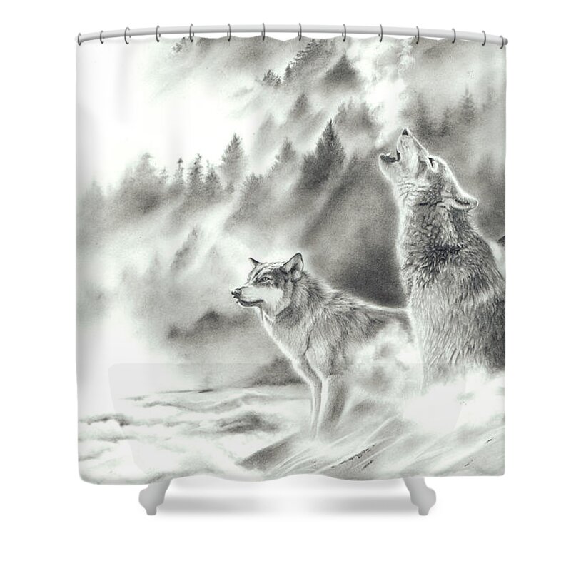 Wolves Shower Curtain featuring the drawing Mountain Spirits by Peter Williams