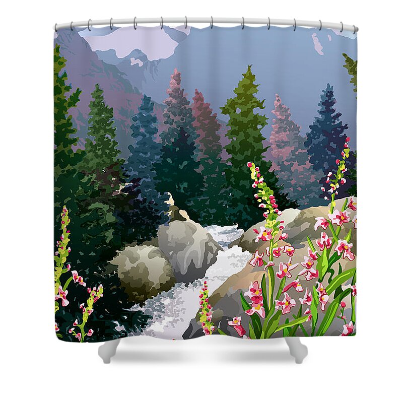 Rocky Mountains Shower Curtain featuring the digital art Mountain Stream by Anne Gifford