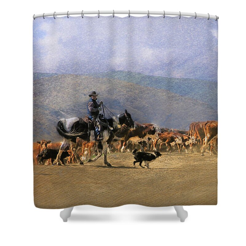 Cowboy Shower Curtain featuring the photograph Move Em Out by Ed Hall