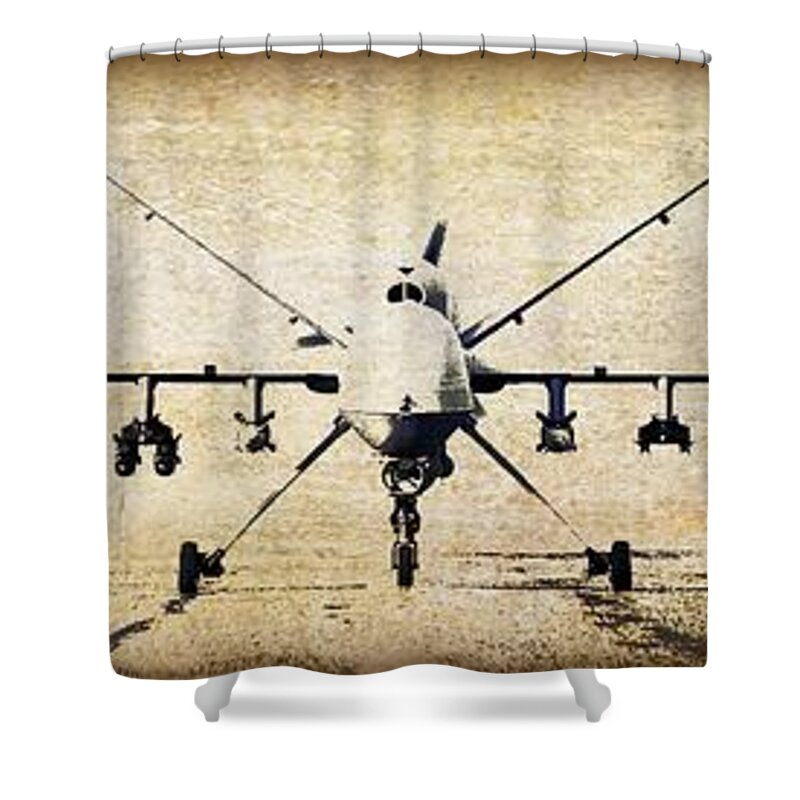 Reaper Drone Shower Curtain featuring the digital art mq9 reaper drone USA by John Wills