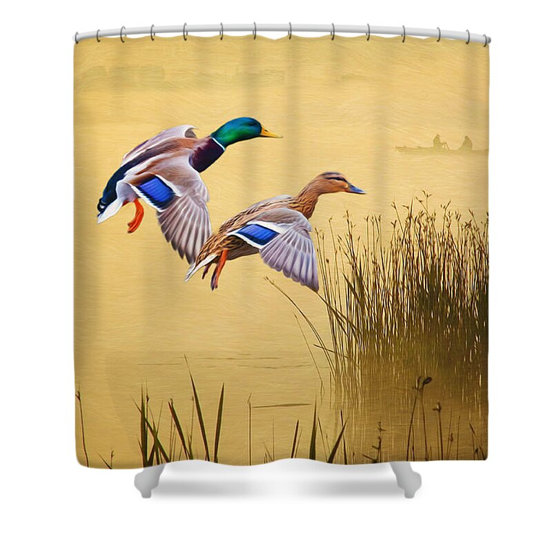 Mallard Ducks Shower Curtain featuring the photograph Mr. and Mrs. Mallard by Laura D Young