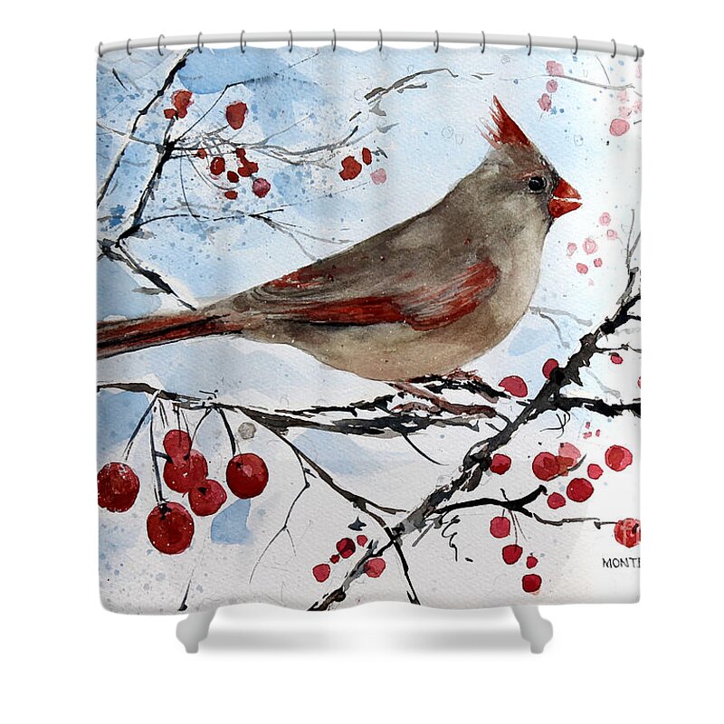 A Female Red Cardinal Is Perched In A Cherry Tree. Shower Curtain featuring the painting The Visit by Monte Toon