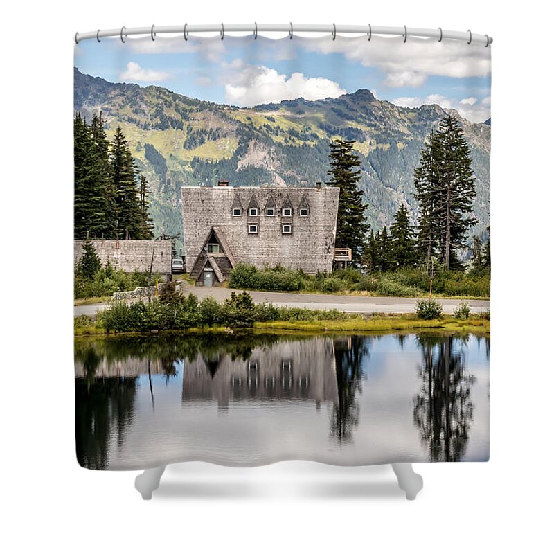 Mt Shower Curtain featuring the photograph MT Baker Lodge in Picture Lake 1 by Rob Green