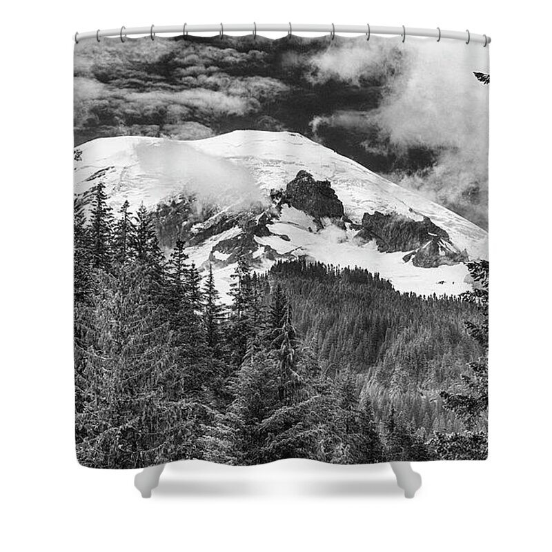 Mt Rainier Shower Curtain featuring the photograph Mt Rainier View - bw by Stephen Stookey