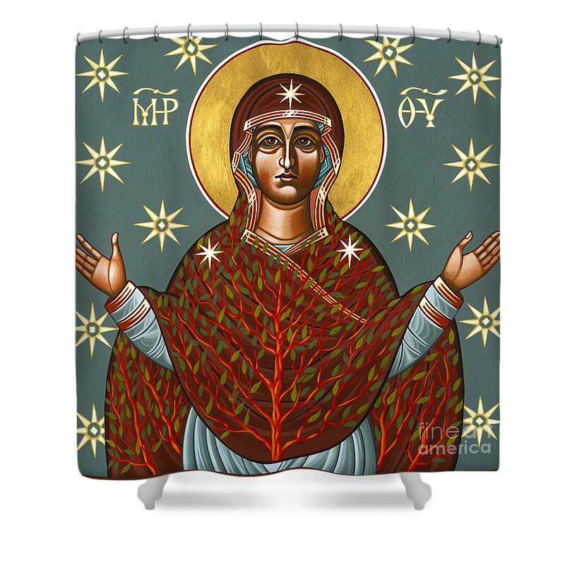 Mother Of God Shower Curtain featuring the painting Mt Sinai Theotokos the Burning Bush 131 by William Hart McNichols